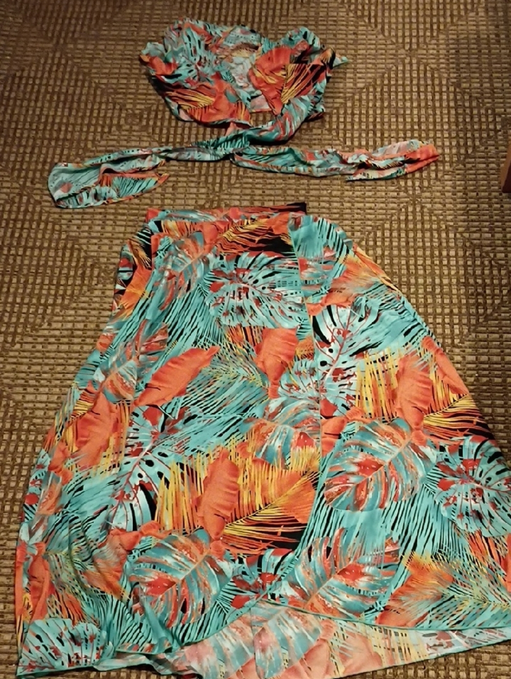 Tropical Two-Piece Skirt Set in Teal & Coral